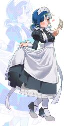 Rule 34 | 1girl, absurdres, apron, back bow, black dress, black footwear, blue hair, blush, bocchi the rock!, bow, breasts, buttons, closed mouth, commentary request, dress, frilled apron, frills, full body, hair ornament, hairclip, hand up, heart, highres, holding, holding money, juliet sleeves, long sleeves, looking at viewer, low twintails, maid, maid apron, maid headdress, medium breasts, medium hair, mole, mole under eye, money, puffy sleeves, sidelocks, skirt hold, socks, sofa (enogunomu), solo, twintails, white apron, white background, white socks, yamada ryo, yellow eyes, yen, zoom layer