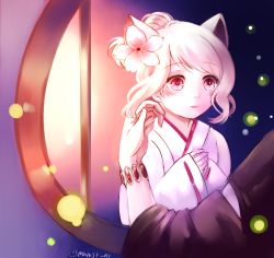 Rule 34 | 10s, 1boy, 1girl, age difference, alternate costume, alternate hairstyle, animal ears, blonde hair, blush, bracer, bug, cat ears, closed mouth, diabolik lovers, firefly, flower, hair flower, hair ornament, hands together, indoors, insect, japanese clothes, jewelry, kimono, komori yui, lips, manmosu, out of frame, petite, pink eyes, playing with hair, ponytail, rejet, round window, sakamaki shuu, short ponytail, size difference, solo focus, traditional clothes, twitter username, upper body, window, aged down