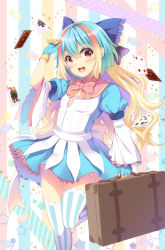 Rule 34 | 1girl, :d, arm up, blonde hair, blue bow, blue dress, blue gloves, blue hair, blush, bow, brown hair, card, club (shape), commentary request, diamond (shape), dress, fingerless gloves, frilled bow, frills, gloves, hair between eyes, hair bow, heart, holding, juliet sleeves, kuroe (sugarberry), little alice (wonderland wars), long sleeves, looking at viewer, multicolored hair, open mouth, pink bow, playing card, puffy sleeves, purple hair, smile, solo, spade (shape), standing, standing on one leg, star (symbol), striped clothes, striped thighhighs, suitcase, teeth, thighhighs, upper teeth only, vertical-striped clothes, vertical-striped thighhighs, wide sleeves, wonderland wars