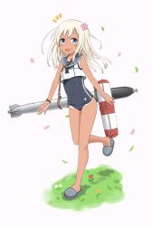 Rule 34 | 1girl, absurdres, bare legs, bare shoulders, blonde hair, blue eyes, blush, bracelet, commentary, covered navel, crop top, dabozero, flower, hair between eyes, hair flower, hair ornament, highres, jewelry, kantai collection, leaf, lifebuoy, long hair, looking at viewer, navel, neckerchief, one-piece swimsuit, one-piece tan, open mouth, petals, ro-500 (kancolle), sailor collar, school swimsuit, school uniform, serafuku, simple background, slippers, smile, solo, standing, swim ring, swimsuit, swimsuit under clothes, tan, tanline, torpedo, white background
