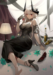 Rule 34 | 1girl, absurdres, alcohol, arknights, black dress, black footwear, black gloves, breasts, cleavage, cup, dress, gloves, high heels, highres, holding, holding cup, horns, large breasts, long hair, mudrock (arknights), mudrock (obsidian) (arknights), official alternate costume, pointy ears, red eyes, shoes, single glove, single shoe, solo, white hair, woodylixx