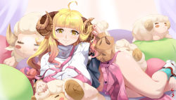 Rule 34 | 1girl, absurdres, ahoge, alternate costume, anila (granblue fantasy), blonde hair, blunt bangs, breasts, caesar salad, casual, curled horns, draph, granblue fantasy, highres, hikimayu, horns, jacket, large breasts, long hair, lying, midriff peek, miniskirt, nail polish, navel, on side, open clothes, open jacket, pillow, pink nails, sheep, shirt, side slit, skirt, smile, solo focus, thighs, wavy hair, white shirt
