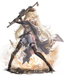 Rule 34 | 1girl, a-545 (girls&#039; frontline), absurdres, assault rifle, black footwear, black gloves, black hat, black leotard, black thighhighs, blonde hair, blue eyes, bodysuit, boots, breasts, broken bottle, chinese commentary, coat, commentary request, full body, fur-trimmed coat, fur trim, girls&#039; frontline, gloves, grey coat, gun, hat, highres, holding, holding gun, holding weapon, leotard, long hair, long sleeves, looking at viewer, medium breasts, messikid, off shoulder, open mouth, rifle, scope, solo, standing, thigh boots, thighhighs, torn clothes, torn leotard, twintails, v-shaped eyebrows, very long hair, weapon
