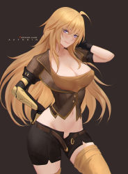 Rule 34 | 1girl, ahoge, arm up, artist name, aztodio, belt, belt buckle, black shorts, blonde hair, blush, breasts, brown jacket, brown skirt, buckle, cleavage, closed eyes, closed mouth, collarbone, cowboy shot, groin, hand on own hip, highres, jacket, large breasts, long hair, navel, open belt, open clothes, open fly, open jacket, prosthesis, prosthetic arm, purple eyes, rwby, seductive smile, short sleeves, shorts, simple background, skirt, smile, solo, thighhighs, unbuckled, unbuttoned, very long hair, yang xiao long, yellow thighhighs