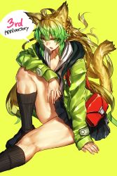 Rule 34 | 1girl, ahoge, animal ears, atalanta (fate), atalanta (traveling outfit) (fate), bag, blonde hair, cat ears, cat tail, coat, contemporary, fate/apocrypha, fate/grand order, fate (series), gradient hair, green eyes, green hair, handbag, highres, long hair, melon22, multicolored hair, sitting, socks, solo, tail, thick thighs, thighs