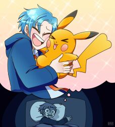 Rule 34 | blue hair, closed eyes, crying, crying with eyes open, fluorart, gen 1 pokemon, highres, holostars, holostars english, holotempus, hood, hoodie, hug, long sleeves, open mouth, pikachu, pillow, pokemon, pokemon (creature), regis altare, short hair, sparkle background, tears, thought bubble, virtual youtuber