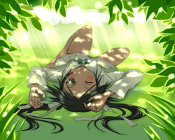 Rule 34 | 1girl, barefoot, black hair, blush, bow, dappled sunlight, francesca lucchini, green eyes, hair bow, hair ornament, kaneko (novram58), leaf, long hair, lying, nature, novram58, on back, one eye closed, panties, shadow, solo, strike witches, striped clothes, striped panties, sunlight, tree shade, underwear, upside-down, wink, world witches series