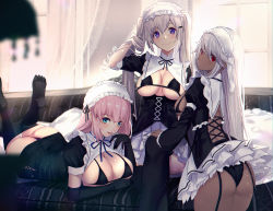 Rule 34 | 3girls, :d, ass, back, bikini, black bikini, black gloves, blue eyes, blush, breasts, cleavage, clothes pull, dark-skinned female, dark skin, elbow gloves, garter straps, gloves, grey hair, hairband, highres, large breasts, lolita hairband, long hair, lying, maid, mole, mole on breast, multiple girls, on stomach, open mouth, original, pantyhose, pantyhose pull, pink hair, purple eyes, red eyes, sitting, skindentation, smile, swimsuit, thighhighs, twintails, untue