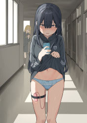 Rule 34 | 2girls, absurdres, black hair, black jacket, black shorts, black socks, blonde hair, blue eyes, blue panties, blunt bangs, blush, bow, bow panties, breasts, cellphone, clothes lift, controller, day, door, embarrassed, exhibitionism, female focus, flashing, flat chest, groin, gym uniform, hair between eyes, half-closed eyes, hallway, hand up, hands up, happy, highres, holding, holding phone, indoors, jacket, jacket lift, kneehighs, lemontyoisy r18, lifted by self, long hair, looking at viewer, matching hair/eyes, medium breasts, multiple girls, navel, no pants, nose blush, open mouth, original, panties, peeking out, phone, plaid, plaid panties, public indecency, remote control, remote control vibrator, school, sex toy, shoes, shorts, sidelocks, smartphone, smile, socks, solo focus, standing, stomach, straight-on, teeth, textless version, thigh strap, track jacket, underwear, vibrator, vibrator cord, wet, wet clothes, wet panties, white footwear, window, yellow eyes