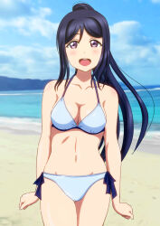 1girl bare_shoulders beach bikini blue_hair blue_sky blush cloud collarbone female_focus highres long_hair looking_at_viewer love_live! love_live!_sunshine!! matsuura_kanan open_mouth outdoors purple_eyes sidelocks sky smile solo swimsuit teeth tomo_kusugawa tongue upper_teeth_only