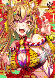 Rule 34 | 1girl, :d, animal ears, animal print, bell, blonde hair, bracelet, breasts, chinese zodiac, choker, cleavage, cleavage cutout, clothing cutout, collarbone, earrings, eyelashes, facial mark, fangs, fingernails, hair ornament, halterneck, highres, japanese clothes, jewelry, jingle bell, kimono, long fingernails, looking at viewer, nail polish, navel, open mouth, original, sakiyamama, smile, solo, tattoo, tiger ears, tiger girl, tiger print, year of the tiger