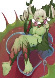 Rule 34 | arm up, bell orgel, breasts, colored skin, curly hair, detached sleeves, feet, flower, green hair, green skin, grin, hair ornament, hands up, highres, large breasts, leaf, leaf hair ornament, liquid, long hair, man-eater (claustrophyte) (monster girl encyclopedia), monster girl, monster girl encyclopedia, multicolored hair, nude, pink flower, plant, plant girl, pointy ears, red eyes, sharp teeth, smile, spikes, teeth, twintails, venus flytrap, white hair