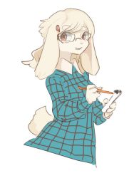 Rule 34 | 1girl, brown eyes, dog, dress, female focus, furry, furry female, glasses, grin, idkuroi, simple background, smile, solo, white background, white hair