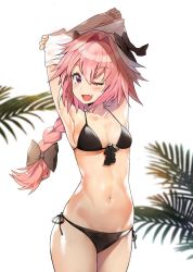 Rule 34 | 1girl, ;d, armpits, arms up, astolfo (fate), bad id, bad twitter id, bikini, black bikini, black bow, blush, bow, braid, breasts, cleavage, commentary request, fang, fate/grand order, fate (series), genderswap, genderswap (mtf), hair bow, highres, long hair, looking at viewer, medium breasts, navel, one eye closed, open mouth, pectorals, pink hair, purple eyes, shiny skin, side-tie bikini bottom, simple background, single braid, skin fang, smile, solo, standing, suou-sensei, swimsuit, thighhighs, undressing, white background