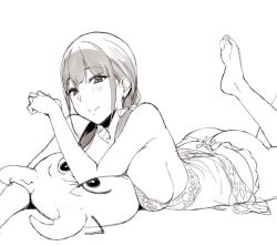 Rule 34 | 1girl, ass, barefoot, breasts, greyscale, large breasts, long hair, low twintails, lying, monochrome, nightgown, on stomach, sasamori tomoe, sideboob, sketch, solo, stuffed animal, stuffed toy, the pose, twintails, underwear, underwear only