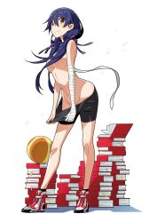 Rule 34 | 1girl, bandaged arm, bandages, bike shorts, blue hair, book, breasts, clothes pull, convenient censoring, fang, full body, highres, hip focus, kanbaru suruga, long hair, monogatari (series), no panties, nude, orange eyes, shoes, simple background, skin fang, smile, socks, solo, standing, topless, twintails, undressing, white background, yamanami kousuke