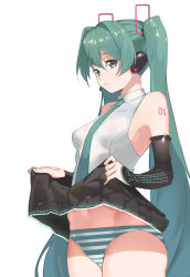Rule 34 | 1girl, 2l (2lsize), bad id, bad pixiv id, clothes lift, detached sleeves, hatsune miku, highres, long hair, necktie, panties, simple background, skirt, solo, striped clothes, striped panties, thighhighs, twintails, underwear, very long hair, vocaloid, white background