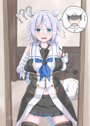 Rule 34 | !?, 1boy, 1girl, admiral (kancolle), bandaged arm, bandages, black gloves, black skirt, black thighhighs, blue eyes, blue neckerchief, blush, body switch, braid, breast lift, commentary request, commission, dress shirt, elbow gloves, epaulettes, faceless, faceless male, gloves, green eyes, grey hair, hair flaps, hat, highres, kantai collection, lifted by self, long hair, military, military uniform, mole, mole under eye, naval uniform, navel, neckerchief, parted bangs, peaked cap, personality switch, pleated skirt, saburou hiji, school uniform, serafuku, shirt, single braid, single elbow glove, skeb commission, skirt, solo focus, spoken character, thighhighs, umikaze (kancolle), umikaze kai ni (kancolle), uniform, very long hair, wavy mouth