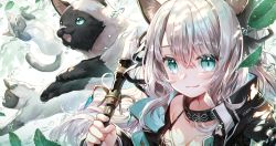 Rule 34 | 1girl, ahoge, animal, animal ears, arknights, black choker, black coat, black ribbon, cat, cat ears, cat girl, cat tail, choker, closed mouth, coat, dew drop, dress, grey dress, hair ribbon, highres, holding, infection monitor (arknights), leaf, light blush, long hair, long sleeves, looking at viewer, mint (arknights), ninjinshiru, open clothes, open coat, ribbon, silver hair, smile, solo, tail, water, water drop, white background
