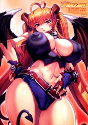 Rule 34 | 1girl, bat wings, belt, bracelet, breasts, cameltoe, cleavage, comic unreal, demon, demon girl, covered erect nipples, fingerless gloves, from below, gloves, highres, horns, huge breasts, impossible clothes, impossible shirt, jewelry, large breasts, long hair, midriff, mogudan, navel, orange hair, pointy ears, puffy nipples, red eyes, shirt, skindentation, skull, solo, spiked bracelet, spikes, demon girl, twintails, very long hair, wings