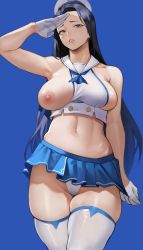 Rule 34 | 1girl, absurdres, bare shoulders, black hair, blue background, blue eyes, blue skirt, breasts, forehead, gloves, half gloves, hat, highres, invincible dragon (last origin), large breasts, last origin, long hair, miniskirt, nipples, one breast out, panties, sailor hat, sideboob, skindentation, skirt, solo, thighhighs, thighs, underwear, white gloves, white hat, white panties, white thighhighs, yoshio (55level)