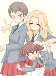 Rule 34 | 10s, 3girls, alisa (girls und panzer), arm around shoulder, black neckwear, blazer, blonde hair, closed mouth, commentary, dress shirt, emblem, freckles, girls und panzer, grey jacket, grin, hair intakes, hair ornament, hand on another&#039;s head, hoshikawa (hoshikawa gusuku), jacket, kay (girls und panzer), long hair, long sleeves, looking at viewer, loose necktie, miniskirt, multiple girls, naomi (girls und panzer), necktie, open mouth, pleated skirt, red skirt, saunders (emblem), saunders school uniform, school uniform, shirt, short hair, short twintails, simple background, skirt, smile, standing, star (symbol), star hair ornament, thighhighs, twintails, v-shaped eyebrows, very short hair, w arms, white background, white legwear, white shirt, wing collar