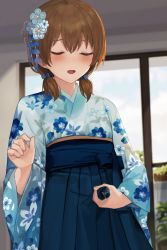 Rule 34 | 1boy, blue bow, blue flower, blue hakama, blue kimono, blue skirt, blurry, blurry background, blush, bow, brown hair, bulge, closed eyes, closed mouth, cowboy shot, crossdressing, cum, cum in clothes, day, depth of field, erection, erection under clothes, floral print, flower, furisode, hair between eyes, hair bow, hair flower, hair ornament, hakama, hakama skirt, hand up, highres, indoors, japanese clothes, kimono, long sleeves, looking at viewer, low twintails, male focus, male masturbation, masturbation, masturbation through clothes, medium hair, obi, original, print kimono, sash, short twintails, skirt, sky, smile, solo, standing, sunaba (nczd5875), trap, twintails, white flower, white kimono, wide sleeves, window