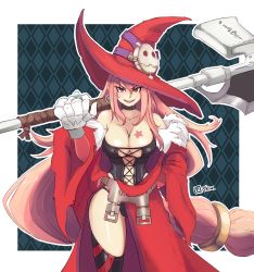Rule 34 | 1girl, absurdres, artist name, axe, breasts, chief (skiwa), cleavage, fangs, hair between eyes, hat, heterochromia, highres, large breasts, long hair, low-tied long hair, luminous arc, open mouth, pink hair, pointy ears, purple eyes, red eyes, smile, solo, vanessa (luminous arc), very long hair, weapon, witch, witch hat