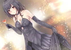 Rule 34 | 1girl, aga marino, bad id, bad pixiv id, bare shoulders, black choker, black dress, black gloves, black hair, blush, breasts, choker, cleavage, clothes lift, commentary request, cup, dress, dress lift, drinking glass, dutch angle, elbow gloves, gloves, hair between eyes, holding, holding cup, kantai collection, large breasts, long dress, looking at viewer, red eyes, short hair, smile, solo, spaghetti strap, sparkle, wine glass, yamashiro (kancolle)