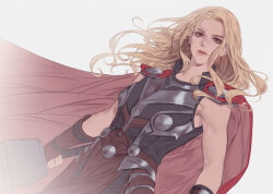 Rule 34 | 1girl, arm armor, armor, black bodysuit, blonde hair, bodysuit, breasts, brown eyes, cape, closed mouth, commentary request, cowboy shot, holding, holding weapon, jane foster, korean commentary, lips, long hair, looking at viewer, marvel, marvel cinematic universe, medium breasts, mjolnir (marvel), poboong123, red cape, simple background, solo, standing, thor: love and thunder, thor (jane foster), v-shaped eyebrows, weapon, white background