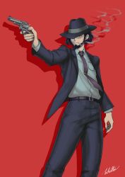 Rule 34 | 1boy, absurdres, beard, black hair, black hat, black jacket, black pants, cigarette, closed mouth, collared shirt, commentary, dress shirt, drop shadow, english commentary, facial hair, feet out of frame, formal, grey shirt, gun, handgun, hat, highres, holding, holding gun, holding weapon, jacket, jigen daisuke, long sleeves, looking away, lupin iii, male focus, mouth hold, naked shirt, necktie, open clothes, open jacket, pants, purple necktie, red background, red eyes, revolver, shirt, signature, simple background, smoke, smoking, solo, suit, tie clip, weapon, whitter