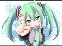Rule 34 | 1girl, chibi, detached sleeves, green eyes, green hair, hair ornament, hatsune miku, kazenonegura, long hair, looking at viewer, matching hair/eyes, mouth hold, necktie, pleated skirt, pointing, pointing at viewer, skirt, solo, twintails, vocaloid, whistle