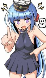 Rule 34 | 1girl, angry, arethusa (azur lane), azur lane, bare shoulders, blue hair, blush, breasts, casual, dress, hand on own hip, hat, long hair, looking at viewer, medium breasts, military hat, open mouth, pointing, pointing at viewer, ponytail, purple eyes, sideboob, simple background, sleeveless, sleeveless dress, solo, standing, tsuzuri (tuzuri), white background