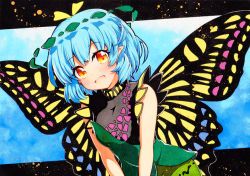 Rule 34 | 1girl, :d, bad id, bad pixiv id, blue background, blue hair, butterfly wings, dress, eternity larva, gradient background, gradient eyes, green dress, insect wings, leaf, leaning forward, looking at viewer, multicolored eyes, open mouth, pointy ears, qqqrinkappp, short hair, smile, solo, touhou, traditional media, upper body, v arms, wings, yellow eyes