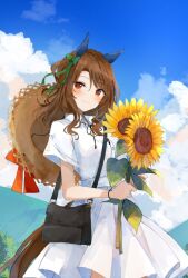 Rule 34 | 1girl, alternate costume, animal ears, bag, blush, bow, bracelet, brown hair, closed mouth, collared dress, day, dress, flower, hair bow, hat, hat on back, holding, holding flower, horse ears, horse girl, horse tail, jewelry, king halo (umamusume), mountain, ninjin nouka, one side up, outdoors, red eyes, short sleeves, shoulder bag, smile, solo, straw hat, sunflower, tail, tree, umamusume, upper body, white dress