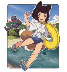 Rule 34 | 1girl, 1other, :d, animal ears, black hair, blue footwear, blue one-piece swimsuit, blue sky, brown eyes, cloud, commentary request, day, fang, flip-flops, fox ears, fox girl, fox tail, full body, hands up, innertube, kitsune, kukuri (mawaru), mawaru (mawaru), one-piece swimsuit, open mouth, original, outline, purple eyes, sandals, see-through, shoe soles, short hair, short sleeves, sky, smile, swim ring, swimsuit, swimsuit under clothes, tail, water, white outline