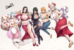 Rule 34 | 5girls, arm support, armpits, bikini, bikini top only, blouse, blunt bangs, blush, boa hancock, bracelet, breasts, cleavage, closed mouth, collared shirt, dress, earrings, geta, highres, horns, jewelry, large breasts, long hair, looking at viewer, lying, multiple girls, nami (one piece), navel, nefertari vivi, nico robin, on side, one piece, parted bangs, parted lips, pink shirt, polka dot, polka dot shirt, revealing clothes, rope, shimenawa, shirt, short hair, shoulder tattoo, sian, sideboob, smile, snake, swept bangs, swimsuit, tattoo, thighhighs, yamato (one piece)