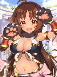 Rule 34 | 1girl, :d, absurdres, animal hands, antenna hair, arm up, bare shoulders, black gloves, blue sky, blush, breasts, brown hair, cleavage, cloud, commentary request, crop top, day, fang, flower, gloves, hair flaps, hand up, highres, kaori (princess connect!), ken pyatsu, large breasts, long hair, looking at viewer, medium breasts, midriff, navel, open mouth, outdoors, parted bangs, paw gloves, pink flower, princess connect!, red eyes, sky, smile, solo, upper body, v-shaped eyebrows, very long hair