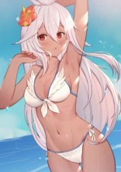 Rule 34 | 1girl, :o, arm up, armpits, bare arms, bare shoulders, bikini, blue sky, blush, breasts, cleavage, collarbone, commentary request, dark-skinned female, dark skin, day, flower, granblue fantasy, groin, hair between eyes, hair flower, hair ornament, hand up, highres, horizon, long hair, medium breasts, navel, ocean, open mouth, outdoors, parted lips, red eyes, red flower, resolution mismatch, sky, solo, source larger, swimsuit, thigh gap, uneg, very long hair, water, water drop, wet, white bikini, white hair, zooey (granblue fantasy), zooey (summer) (granblue fantasy)