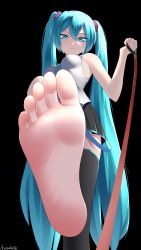 Rule 34 | 1girl, absurdres, barefoot, blue eyes, blue hair, feet, femdom, hatsune miku, highres, leash, long hair, looking at viewer, pov, smile, soles, toes, twintails, vocaloid