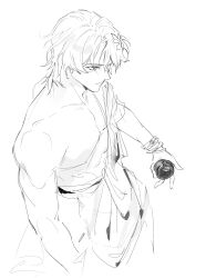 Rule 34 | 1boy, absurdres, ancient greek clothes, apple, bracelet, closed mouth, dr. ratio (honkai: star rail), food, fruit, greco-roman clothes, greyscale, hair ornament, highres, holding, holding food, holding fruit, honkai: star rail, honkai (series), jewelry, male focus, monochrome, short hair, simple background, since pic, solo