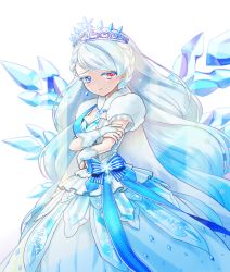 Rule 34 | 1girl, blue bow, blue dress, blue eyes, blue hair, bow, braid, bridal gauntlets, cowboy shot, crown, crown braid, crystal earrings, dress, earrings, expressionless, flawless (otoca d&#039;or), gradient hair, heterochromia, highres, ice, jewelry, long hair, looking at viewer, matching hair/eyes, multicolored hair, nekomissile, otoca d&#039;or, puffy sleeves, red eyes, solo, striped, striped bow, tears, waist bow, white background, white dress, white hair