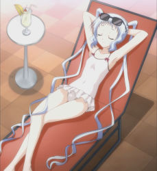Rule 34 | 10s, 1girl, ariel (korezom), armpits, arms behind head, chair, closed eyes, drink, eyewear on head, frilled swimsuit, frills, highres, kore wa zombie desu ka?, long hair, long legs, lounge chair, one-piece swimsuit, screencap, skirt, solo, stitched, sunglasses, swimsuit, third-party edit, twintails, very long hair