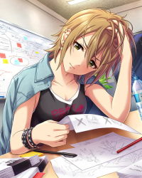 Rule 34 | 10s, 1girl, alternate hairstyle, artist request, bottle, breasts, brown hair, card (medium), cleavage, collarbone, drawing, earrings, green eyes, hand in own hair, holding, idolmaster, idolmaster cinderella girls, jacket, jacket on shoulders, jewelry, kimura natsuki, looking down, official art, paper, plant, shirt, short hair, sitting, sleeveless, sleeveless shirt, solo, table, water bottle, whiteboard, window