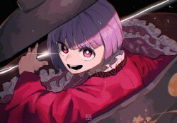 Rule 34 | 1girl, artist logo, black background, black hat, blast-7, bowl, bowl hat, commentary, hat, highres, japanese clothes, kimono, long sleeves, needle, needle sword, open mouth, purple hair, red eyes, red kimono, short hair, simple background, solo, sukuna shinmyoumaru, touhou