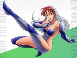 Rule 34 | 1girl, birdy cephon altera, blue footwear, blue gloves, blue leotard, boots, breasts, brown hair, collarbone, commentary request, copyright name, dyed bangs, elbow gloves, full body, gloves, green eyes, highres, leotard, long hair, medium breasts, multicolored hair, open mouth, partial commentary, revealing clothes, skin tight, smile, solo, tamanegiinyo, tetsuwan birdy, tetsuwan birdy decode, thigh boots, thighhighs, two-tone hair, white hair