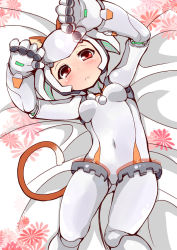 Rule 34 | 10s, 1girl, :&lt;, android, animal ears, bed sheet, breasts, cat ears, cat tail, cowboy shot, extra ears, gunslinger stratos, humanoid robot, joints, kemonomimi mode, lying, navel, no nipples, on back, paw pose, red eyes, robot, robot ears, robot joints, shi ecchi, short hair, silver hair, small breasts, solo, tail, xi-988