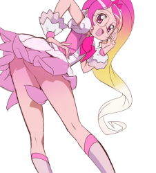 Rule 34 | 10s, 1girl, :d, adjusting eyewear, ass, bent over, blonde hair, boots, bow, clothes between thighs, cure blossom, detached sleeves, dress, flat chest, frills, from behind, glasses, gradient hair, hair ornament, hanasaki tsubomi, hand on own hip, heartcatch precure!, high ponytail, knee boots, kneehighs, kneepits, legs, long hair, looking back, magical girl, makacoon, multicolored hair, naughty face, no panties, open mouth, pink eyes, pink hair, ponytail, precure, round eyewear, short dress, simple background, smile, socks, solo, upskirt, very long hair