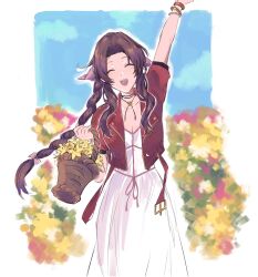 Rule 34 | 1girl, aerith gainsborough, arm up, bangle, basket, blue sky, border, bracelet, braid, braided ponytail, breasts, brown hair, choker, cleavage, closed eyes, cowboy shot, cropped jacket, dress, facing viewer, field, final fantasy, final fantasy vii, final fantasy vii remake, flower, flower basket, flower choker, flower field, hair ribbon, highres, holding, holding basket, jacket, jewelry, kivavis, lily (flower), long dress, long hair, medium breasts, open mouth, outdoors, parted bangs, pink dress, pink ribbon, red jacket, ribbon, short sleeves, sidelocks, single braid, sky, smile, solo, upper body, wavy hair, white border, yellow flower