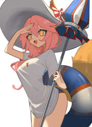 Rule 34 | 1girl, absurdres, alternate costume, bikini, bikini bottom only, blue bikini, bow, breasts, fangs, fate/extra, fate/grand order, fate (series), fox girl, fox tail, from side, ghost (tama), hair bow, hat, highres, holding, holding umbrella, innertube, long hair, medium breasts, open mouth, pink hair, shirt, smile, solo, striped, striped bow, summer, sun hat, swim ring, swimsuit, tail, tamamo (fate), tamamo no mae (fate/extra), tamamo no mae (swimsuit lancer) (fate), tamamo no mae (swimsuit lancer) (first ascension) (fate), tamamo no mae (swimsuit lancer) (third ascension) (fate), umbrella, white background, white hat, white shirt